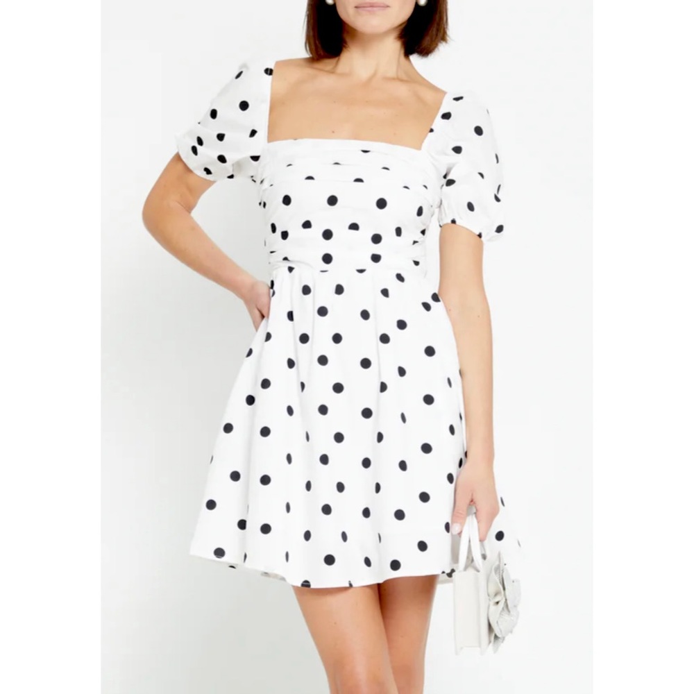 OPT Polka Dot River Mini Dress Size L Black White Puff Sleeve Square Neck NEW